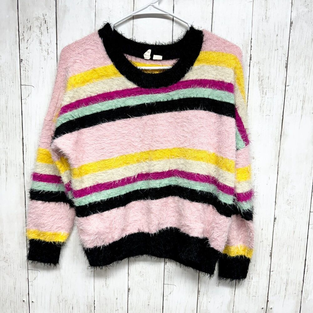 Anthropologie Moth Sweater Women Size‎ S Knit Multi Striped Sherpa Crewneck
